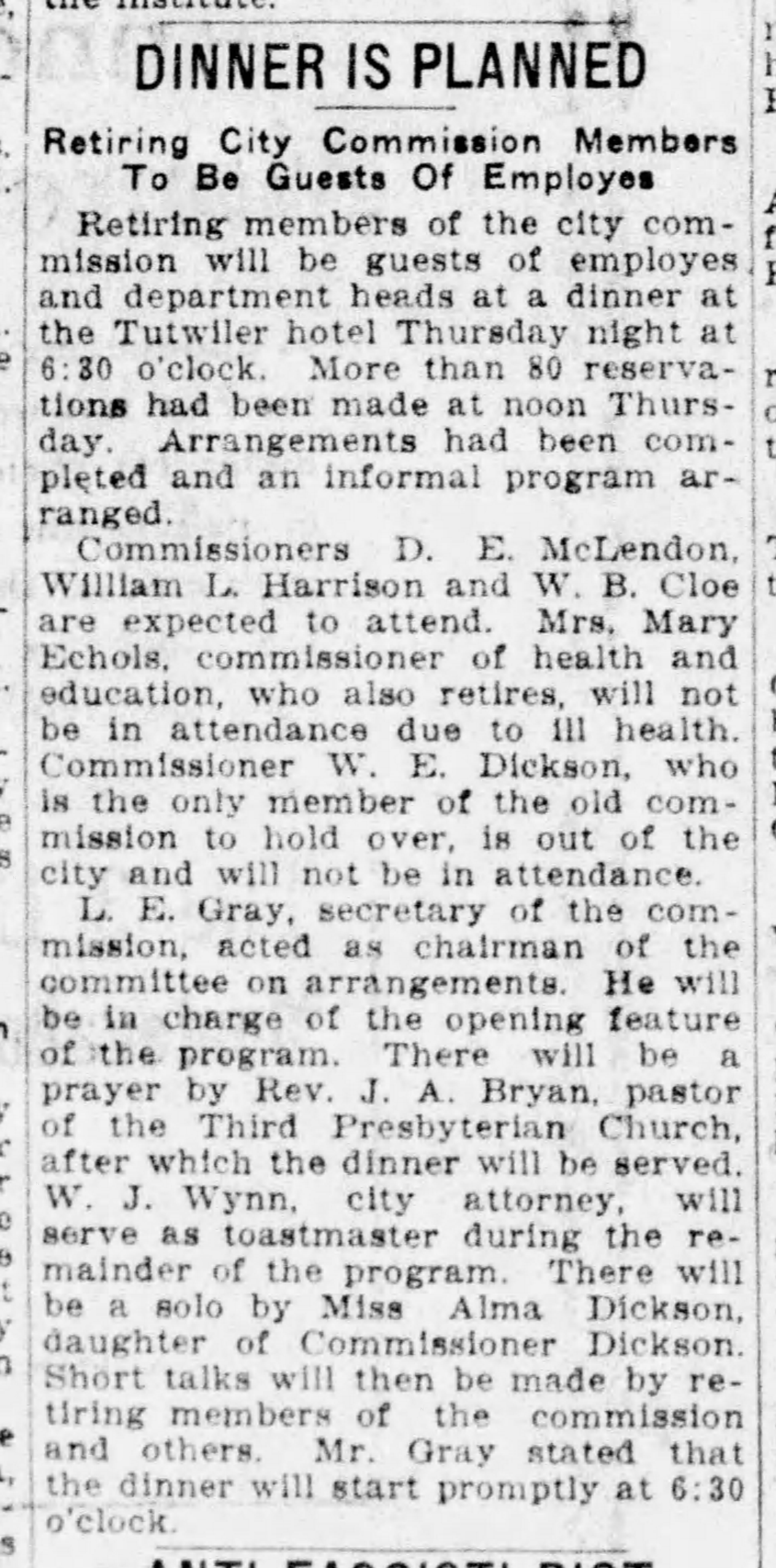 Dinner Is Planned: For Retiring City Commissioners